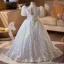 Sparkly White Rhinestone Sequins Birthday Flower Girl Dresses 2026 Ball Gown U-Neck Short Sleeve Backless Floor-Length / Long