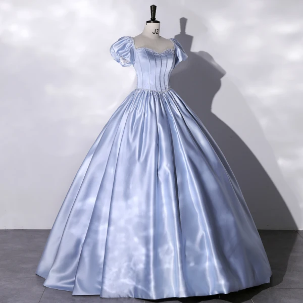 Elegant Sky Blue Pearl Satin Prom Dresses 2022 Ball Gown Square Neckline Puffy Short Sleeve Backless Bow Floor-Length / Long Formal Dresses
