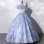 Elegant Sky Blue Pearl Satin Prom Dresses 2022 Ball Gown Square Neckline Puffy Short Sleeve Backless Bow Floor-Length / Long Formal Dresses