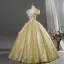 Bling Bling Doré En Dentelle Fleur Appliques Paillettes Robe De Bal 2026 Robe Boule Encolure Carrée Manches Courtes Dos Nu