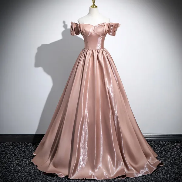Elegant Champagne Satin Prom Dresses 2025 Ball Gown Off-The-Shoulder Short Sleeve Backless Floor-Length / Long Prom Formal Dresses