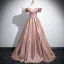 Elegant Champagne Satin Prom Dresses 2025 Ball Gown Off-The-Shoulder Short Sleeve Backless Floor-Length / Long Prom Formal Dresses