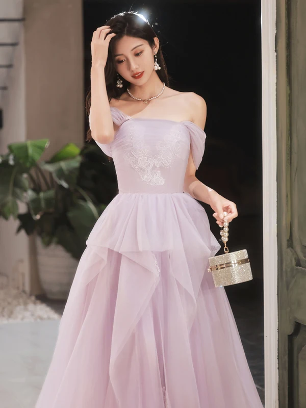 Modest / Simple Lavender Lace Flower Prom Dresses A-Line / Princess 2023 Off-The-Shoulder Sleeveless Backless Floor-Length / Long Tulle Prom Formal Dresses