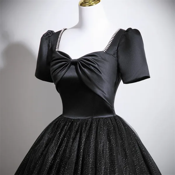 Vintage / Retro Black Glitter Prom Dresses 2025 Ball Gown Square Neckline Bow Short Sleeve Backless Floor-Length / Long Formal Dresses