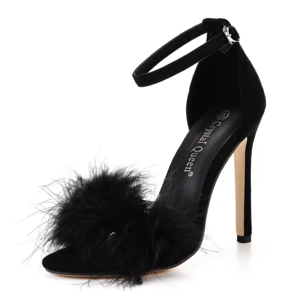 Sexy Noire Soirée Plumes Sandales Femme 2023 11 cm Talons Aiguilles Peep Toes / Bout Ouvert Sandales Talons Hauts