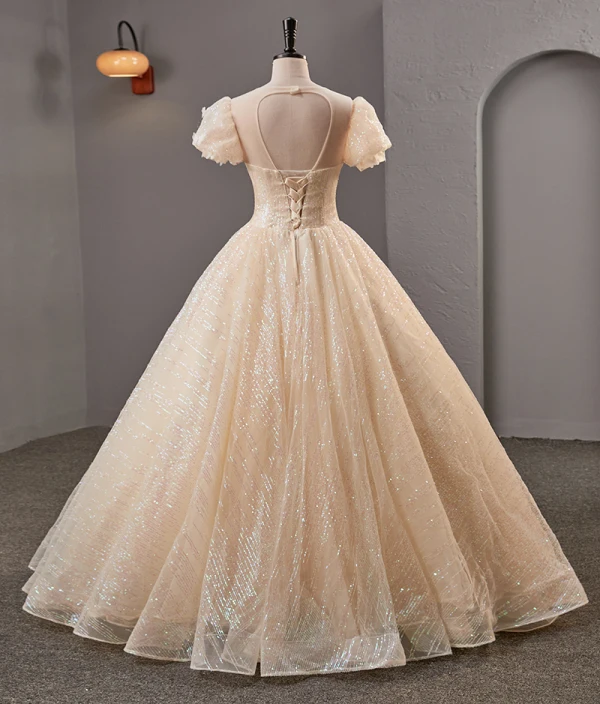 Charming Bling Bling Champagne Prom Dresses 2023 Ball Gown Scoop Neck Beading Bow Sequins Short Sleeve Backless Floor-Length / Long Prom Formal Dresses