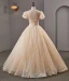 Charming Bling Bling Champagne Prom Dresses 2023 Ball Gown Scoop Neck Beading Bow Sequins Short Sleeve Backless Floor-Length / Long Prom Formal Dresses