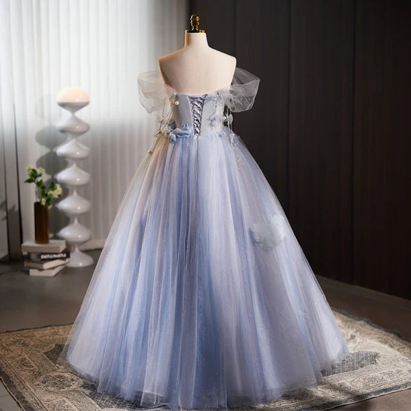 Charming Sky Blue Glitter Pearl Appliques Prom Dresses 2023 Ball Gown Off-The-Shoulder Sleeveless Backless Floor-Length / Long Prom Formal Dresses