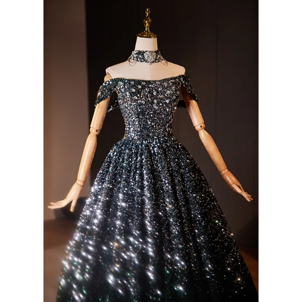 Sparkly Black Gradient-Color Sequins Prom Dresses 2024 Ball Gown Off-The-Shoulder Sleeveless Backless Floor-Length / Long Prom Formal Dresses