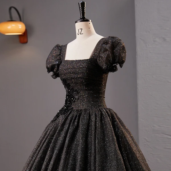 Vintage / Retro Black Rhinestone Sequins Lace Flower Prom Dresses 2023 Ball Gown Square Neckline Puffy Short Sleeve Backless Floor-Length / Long Prom Formal Dresses