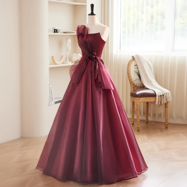 Charming Burgundy Strapless Bow Prom Dresses 2023 A-Line / Princess Sleeveless Backless Floor-Length / Long Prom Formal Dresses