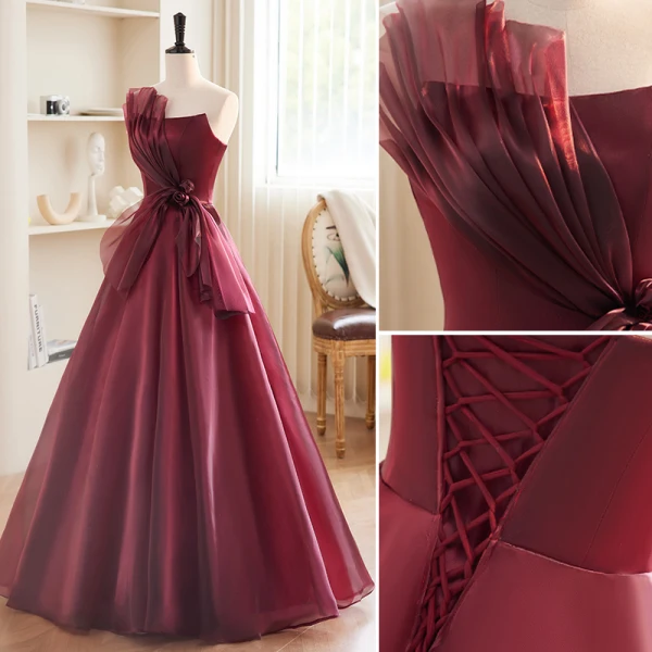 Charming Burgundy Strapless Bow Prom Dresses 2023 A-Line / Princess Sleeveless Backless Floor-Length / Long Prom Formal Dresses