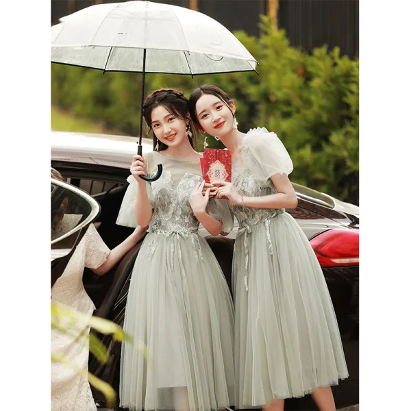 Chic / Beautiful Sage Green Lace Flower Bridesmaid Dresses 2022 A-Line / Princess Short Sleeve Backless Tea-length Bridesmaid Dresses