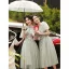 Chic / Beautiful Sage Green Lace Flower Bridesmaid Dresses 2022 A-Line / Princess Short Sleeve Backless Tea-length Bridesmaid Dresses