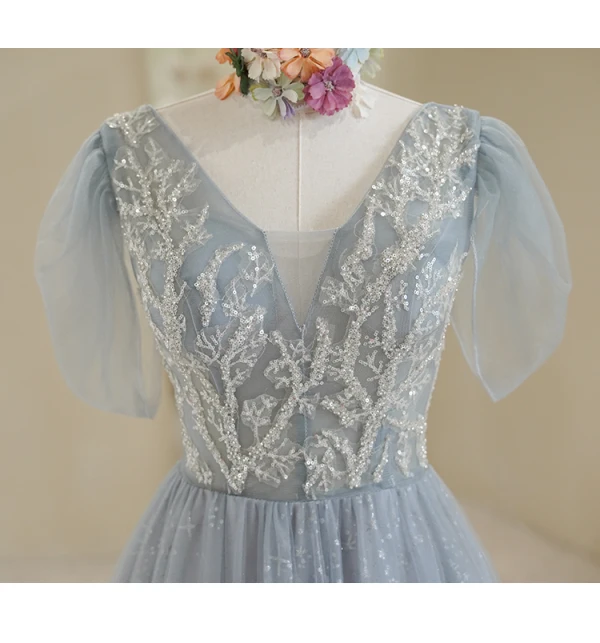 Chic / Beautiful Silver Sequins Prom Dresses 2022 A-Line / Princess V-Neck Short Sleeve Backless Floor-Length / Long Prom Formal Dresses