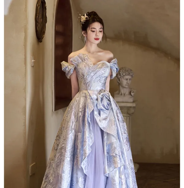 Fashion Lavender Glitter Appliques Prom Dresses 2025 A-Line / Princess Off-The-Shoulder Sleeveless Backless Sweep Train Prom Formal Dresses