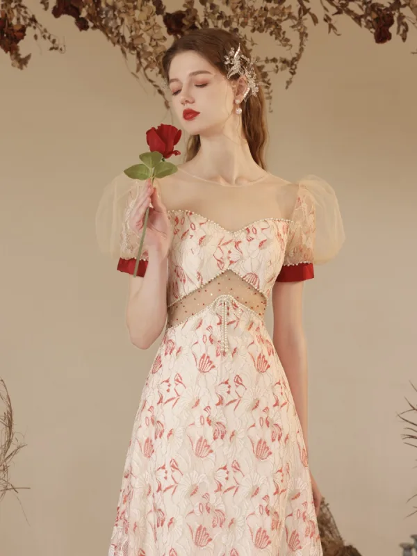 Mode Rouge Perle Noeud Paillettes Robe De Soirée 2023 Princesse Encolure Dégagée Gonflée Manches Courtes Dos Nu Longue Soirée Robe De Ceremonie