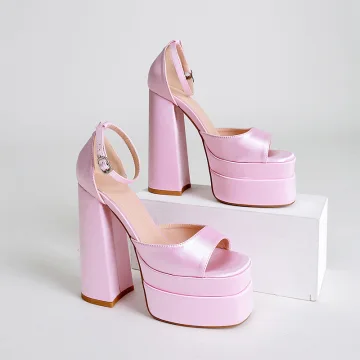 Unique Rougissant Rose Satin Cocktail Été Sandales Femme 2022 Bride Cheville 14 Cm Talons Épais Peep Toes Bout Ouvert Sandales Talons Hauts