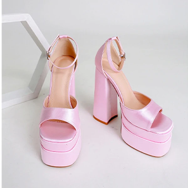 Amazing / Unique Blushing Pink Satin Cocktail Party Summer Womens Sandals 2022 Ankle Strap 14 cm Thick Heels Open / Peep Toe Sandals High Heels