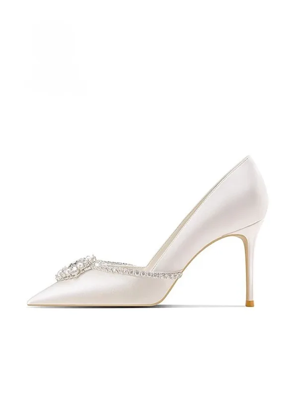 Eleganta Vita Pärla Rhinestone Läder Brudskor 2026 6 cm Stilettklackar Spetsiga Bröllop Pumps Högklackade