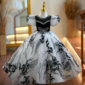 Chic Belle Noire Perle Faux Diamant Anniversaire Robe Ceremonie Fille 2023 Robe Boule Encolure Dégagée Gonflée Manches Courtes Longue