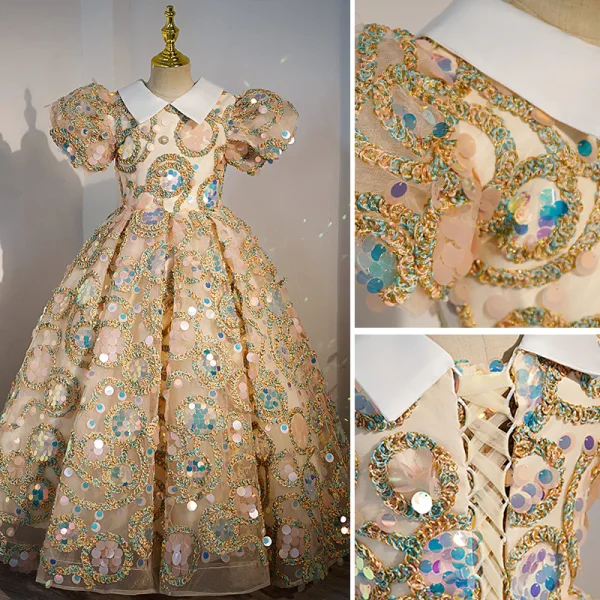 Sparkly Champagne Birthday Sequins Flower Girl Dresses 2022 Ball Gown High Neck Puffy Short Sleeve Pearl Floor-Length / Long Flower Girl Dresses