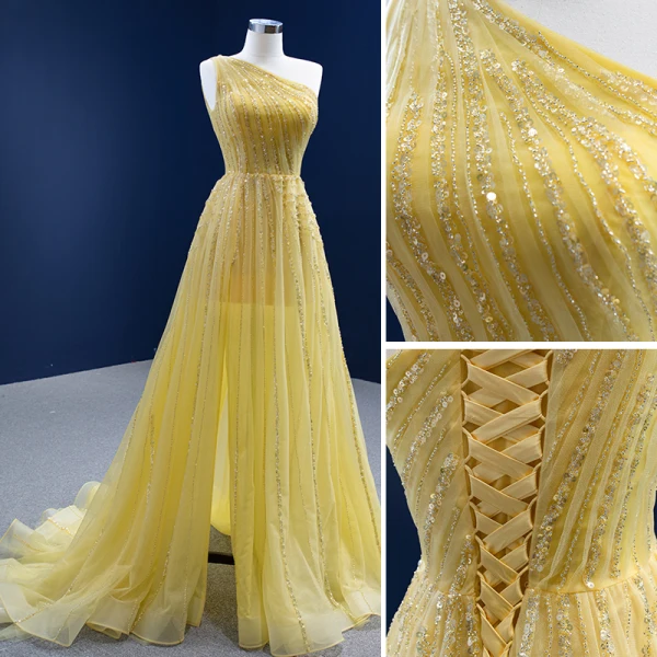 Chic / Beautiful Yellow Summer Sequins Prom Dresses 2022 A-Line / Princess One-Shoulder Sleeveless Backless Split Front Sweep Train Formal Dresses