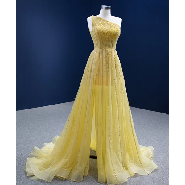 Chic / Beautiful Yellow Summer Sequins Prom Dresses 2022 A-Line / Princess One-Shoulder Sleeveless Backless Split Front Sweep Train Formal Dresses