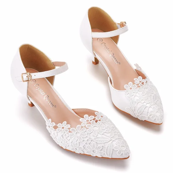 Élégant Blanche En Dentelle Fleur Chaussure De Mariée 2022 5 cm Talons Aiguilles À Bout Pointu Mariage Talons Hauts