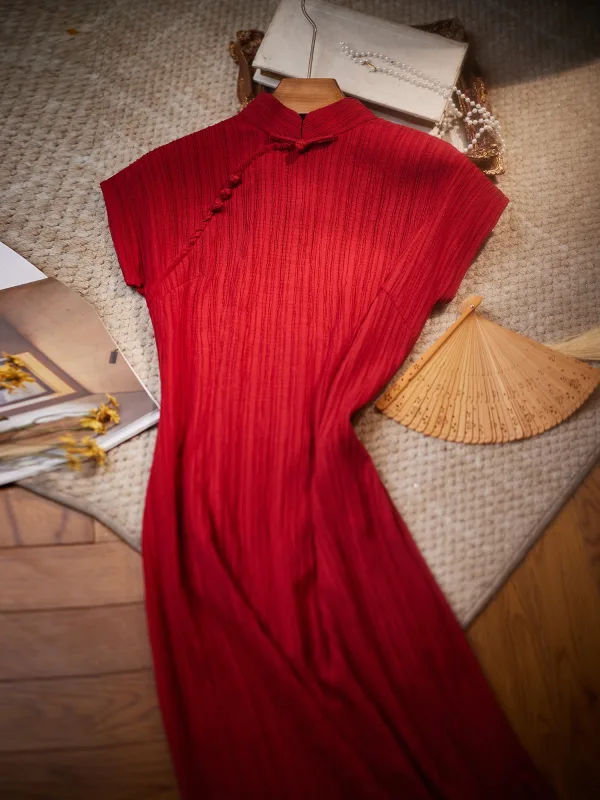 Vintage Chiński Styl Czerwone Lato Długość Herbaty Cheongsam 2024 Syrena / Rozkloszowane Wysokiej Szyi Kótkie Rękawy