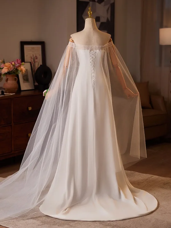 Minimalist White A-Line / Princess Wedding Dresses 2025 Strapless Sleeveless Backless Sweep Train Wedding