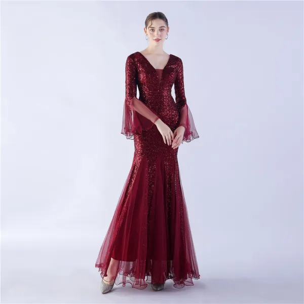 Sparkly Black Sequins Evening Dresses 2024 Trumpet / Mermaid V-Neck Bell sleeves Backless Floor-Length / Long Evening Party Formal Dresses