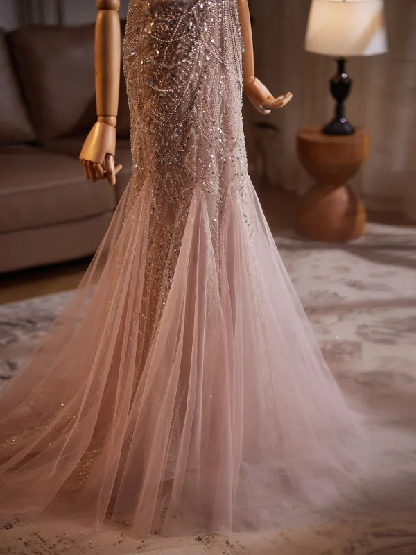 Haut de Gamme Charmant Champagne Perlage Paillettes Robe De Soirée 2025 Trompette / Sirène De l'épaule Manches Courtes Dos Nu Train De Balayage Soirée Robe De Ceremonie
