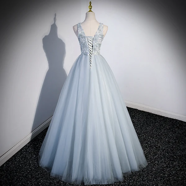 Elegant Sky Blue Beading Printing Prom Dresses 2023 A-Line / Princess V-Neck Sleeveless Backless Floor-Length / Long Prom Formal Dresses