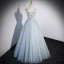 Elegant Sky Blue Beading Printing Prom Dresses 2023 A-Line / Princess V-Neck Sleeveless Backless Floor-Length / Long Prom Formal Dresses