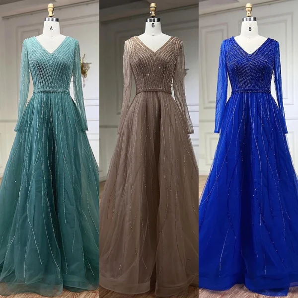 High-end Royal Blue Handmade  Beading Prom Dresses 2024 A-Line / Princess V-Neck Long Sleeve Floor-Length / Long Prom Formal Dresses