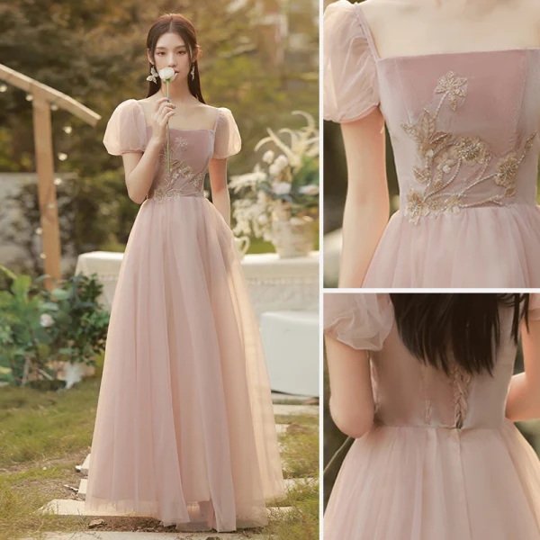 Simple Rougissant Rose Robe Demoiselle D'honneur 2022 Princesse Encolure Carrée Manches Courtes Dos Nu Longue Robe Pour Mariage