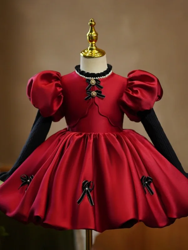 Chic / Beautiful Burgundy Satin Bow Short Birthday Flower Girl Dresses 2023 Ball Gown Scoop Neck Puffy Short Sleeve