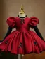Chic / Beautiful Burgundy Satin Bow Short Birthday Flower Girl Dresses 2023 Ball Gown Scoop Neck Puffy Short Sleeve