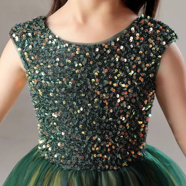 Vintage / Retro Dark Green Sequins Flower Girl Dresses 2022 A-Line / Princess Scoop Neck Sleeveless Prom Floor-Length / Long Flower Girl Dresses