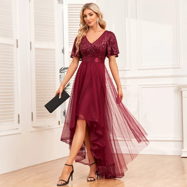 Chic / Belle Bordeaux Paillettes Asymétrique Robe De Bal 2024 Princesse V-Cou Manches Courtes Dos Nu Promo Robe De Ceremonie