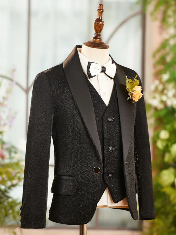 Fall Winter Black 6-piece Long Sleeve Boys Wedding Suits 2025 Body Jewellery Coat Pants Shirt Tie Vest