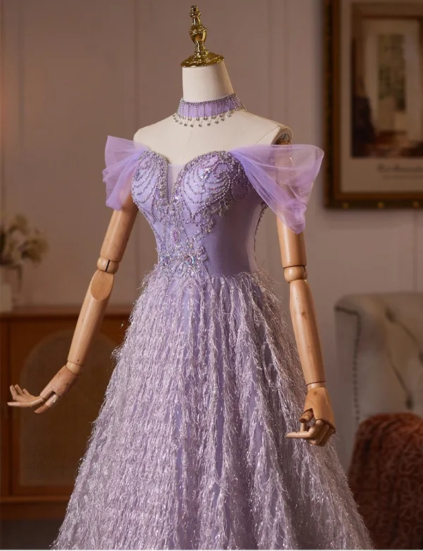 Zauberhaft Lavendel Perlenstickerei Strass Pailletten Quaste Ballkleider 2026 Ballkleid Off Shoulder Kurze Ärmel Rückenfreies Lange Festliche Kleider