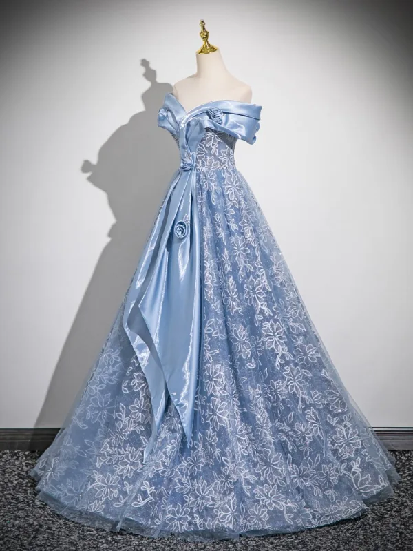 Chic / Beautiful Sky Blue Lace Flower Sequins Prom Dresses 2025 A-Line / Princess Off-The-Shoulder Sleeveless Backless Floor-Length / Long Prom Formal Dresses