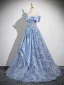 Chic / Beautiful Sky Blue Lace Flower Sequins Prom Dresses 2025 A-Line / Princess Off-The-Shoulder Sleeveless Backless Floor-Length / Long Prom Formal Dresses