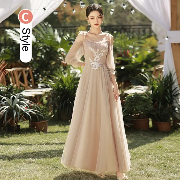 Modest / Simple Champagne Lace Flower Bridesmaid Dresses 2023 A-Line / Princess Scoop Neck Short Sleeve Backless Floor-Length / Long Bridesmaid Dresses