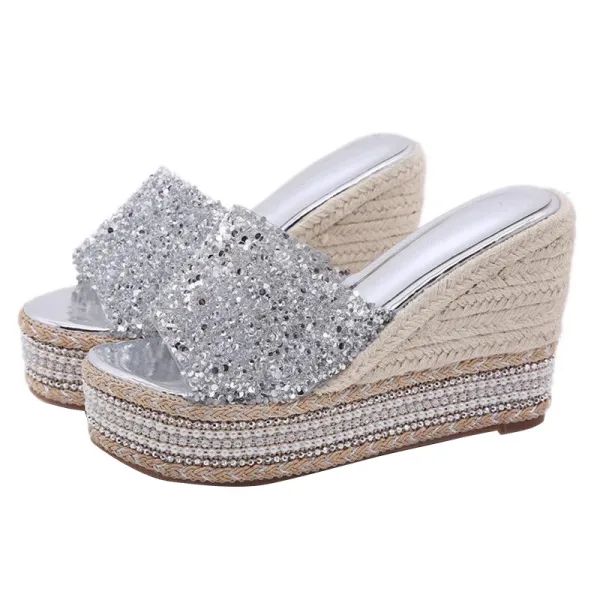 Fashion Bling Bling Silver Rhinestone Sequins Street Wear Summer Womens Sandals 2023 10 cm Wedges Open / Peep Toe Sandals