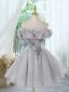 Chic / Belle Gris Perlage Appliques Paillettes Courte Anniversaire Robe De Fête 2024 Robe Boule De l'épaule Manches Courtes Dos Nu Robe De Ceremonie