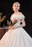 Modest / Simple Ivory Ruffle Short Sleeve Wedding Dresses 2021 Off-The-Shoulder Crossed Straps Chapel Train Church Satin Ball Gown