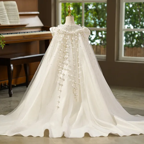 Elegant Ivory Appliques Glitter Rhinestone Birthday Flower Girl Dresses 2025 With Cloak Ball Gown Scoop Neck Puffy Short Sleeve Sweep Train